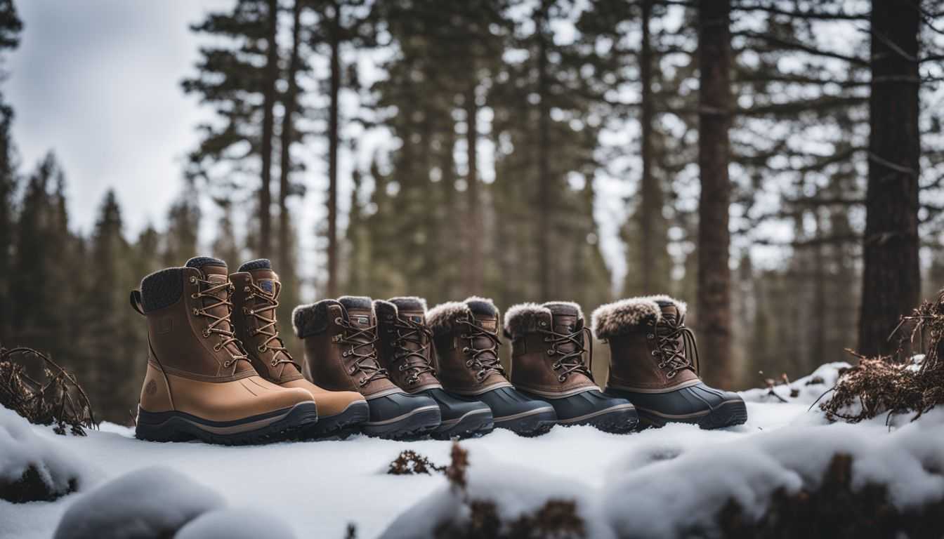 A snowy landscape with neatly arranged Muck Boot Company boots.