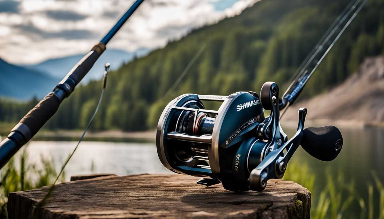 A close-up photo of fishing reels on a lakeside with a scenic view.