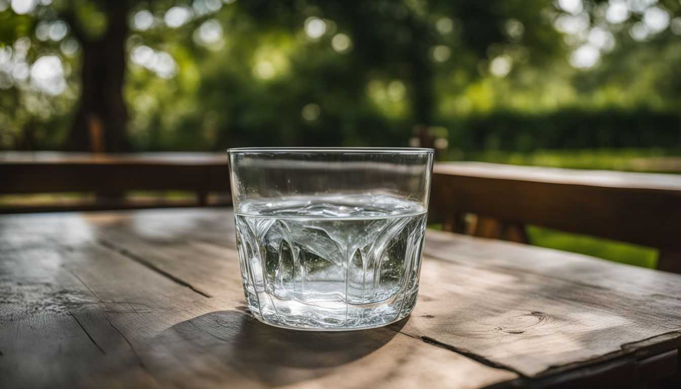 A glass of water on a table in a peaceful garden.