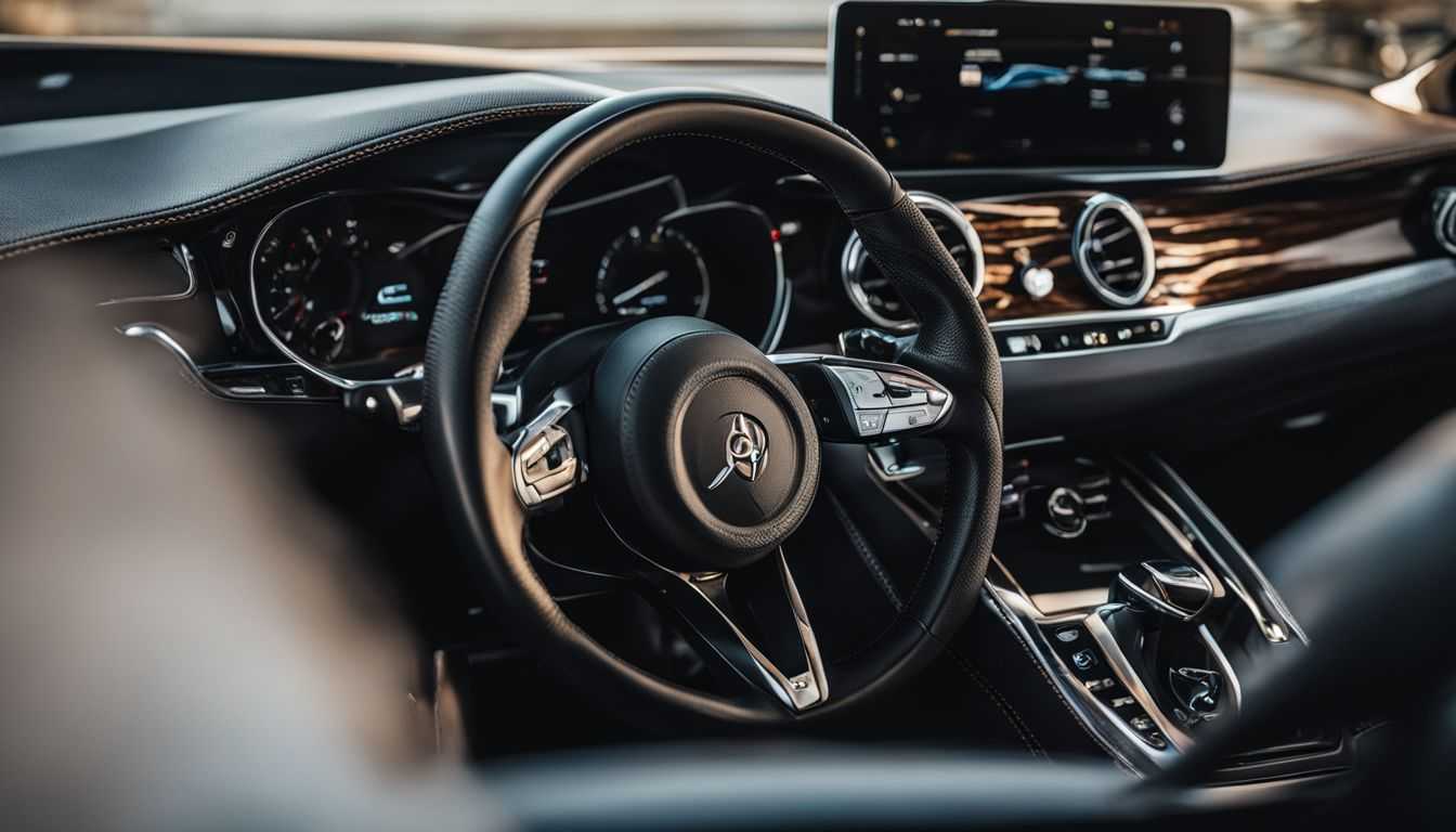 A pair of stylish driving gloves on a luxury car steering wheel.