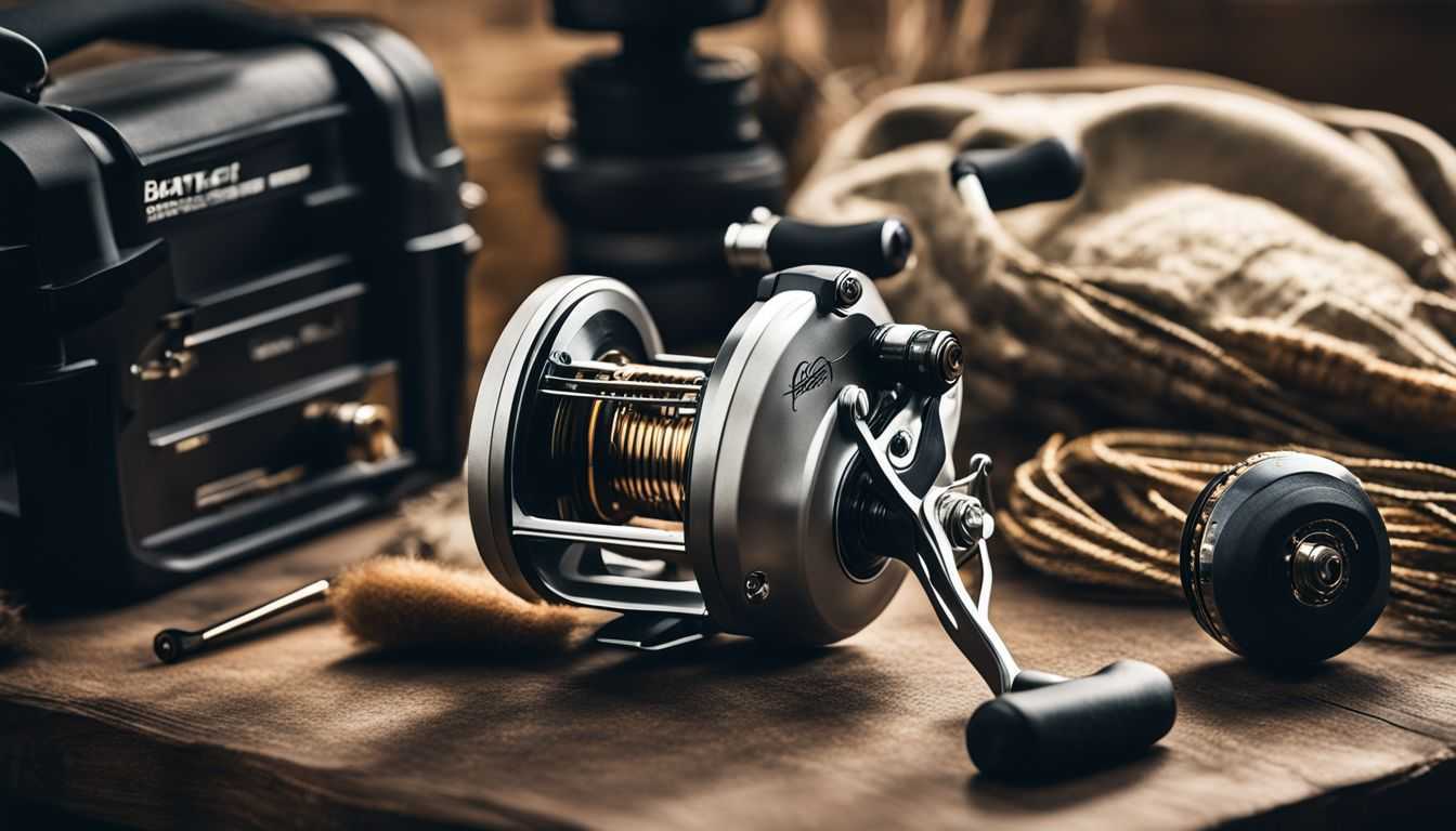 Close-up of baitcasting reel surrounded by fishing tackle in a vibrant atmosphere.