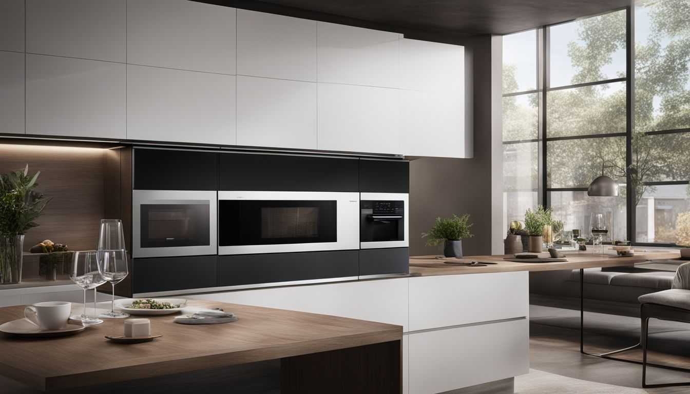 A sleek Panasonic microwave in a modern kitchen, surrounded by bustling city.