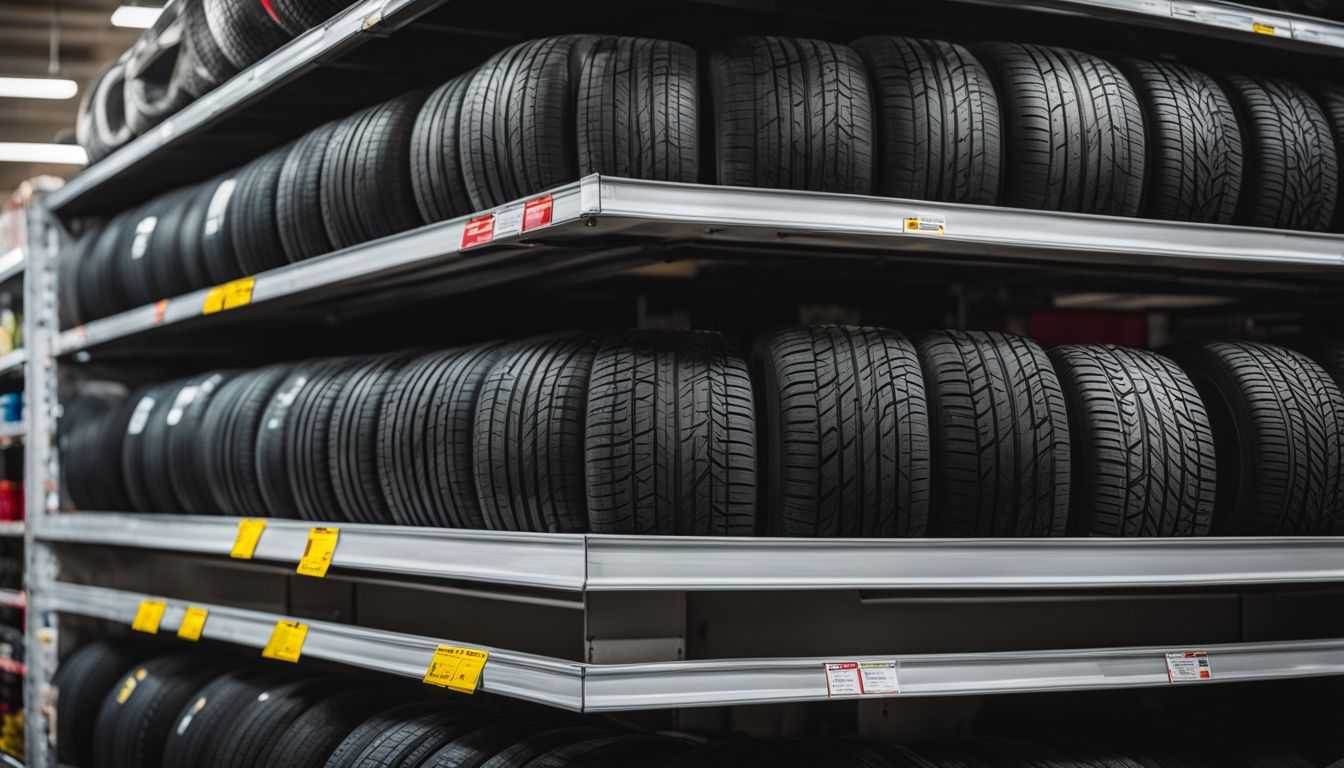 A row of tires displayed on a shelf at a Walmart store.