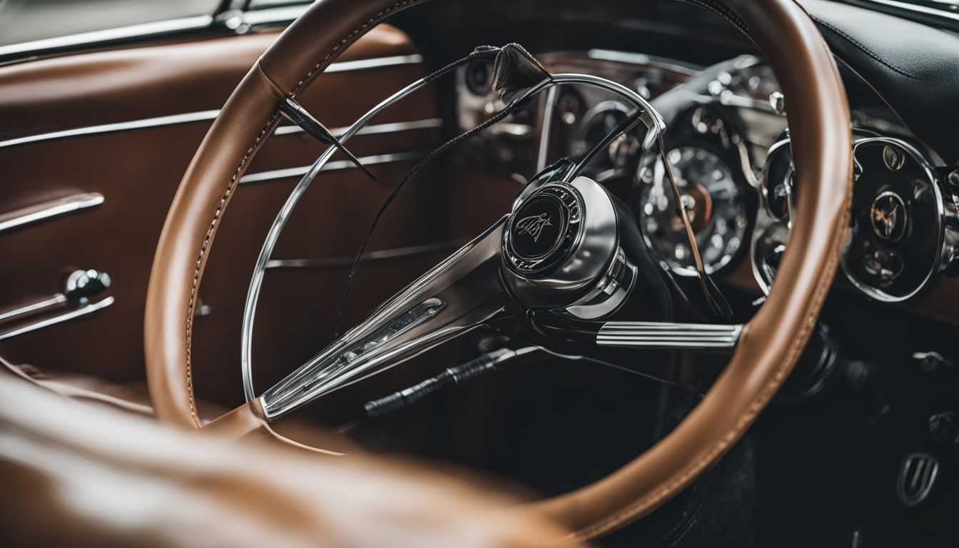 A pair of leather driving gloves rest on a vintage car's steering wheel.