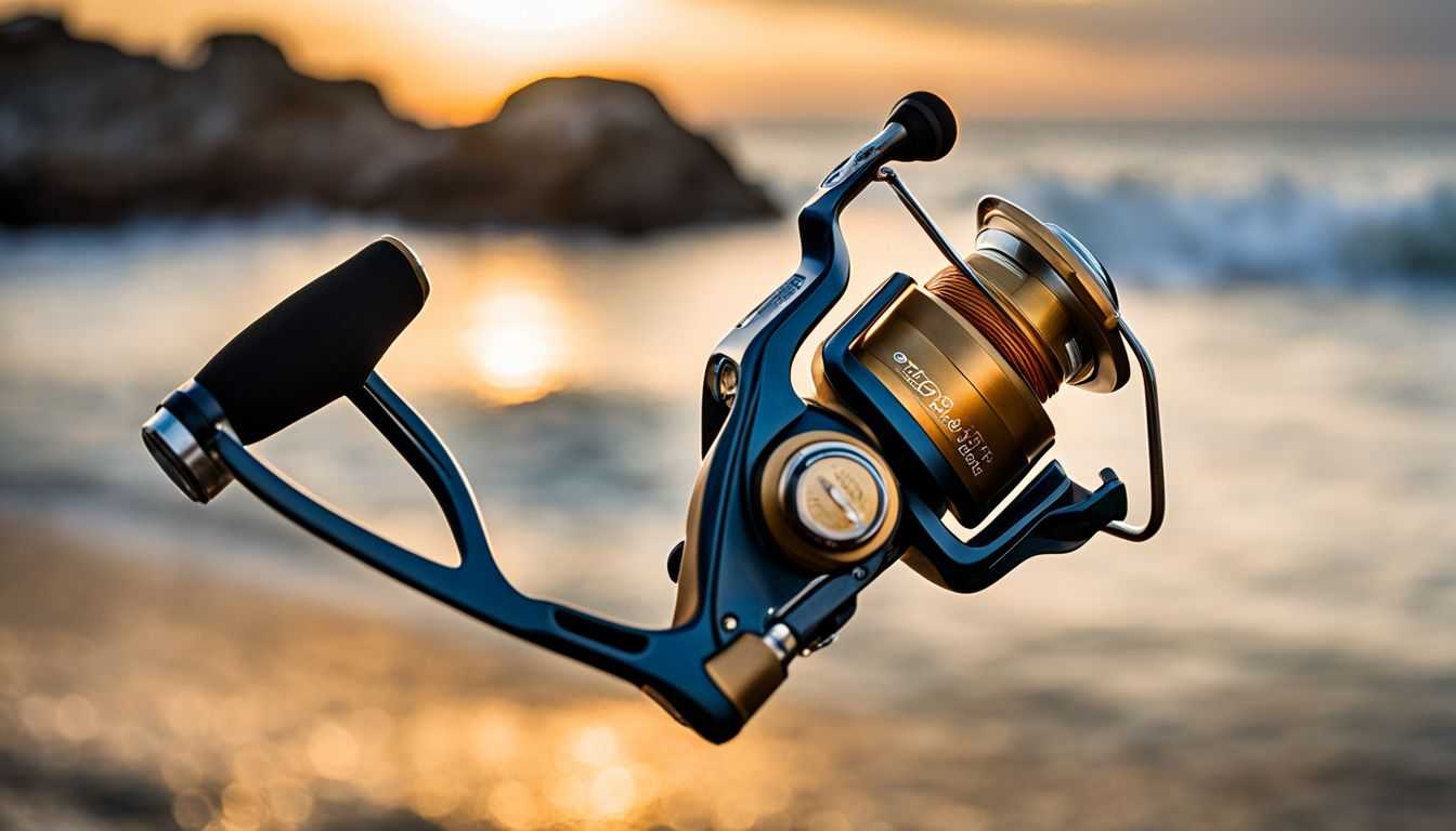 A close-up of a saltwater spinning reel and fishing rod at sunset.