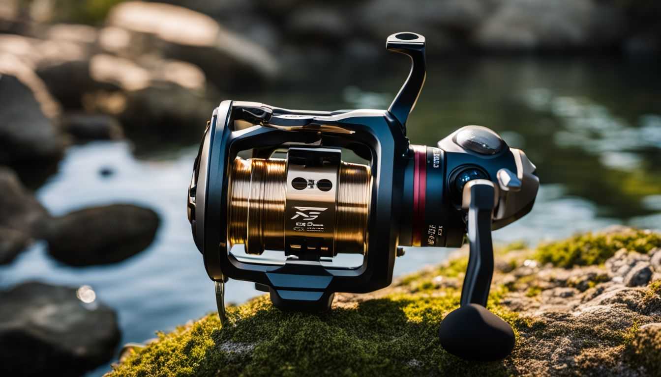 Underwater photo of Shimano Stradic CI4+ reel in a clear lake, surrounded by rocks and plants.