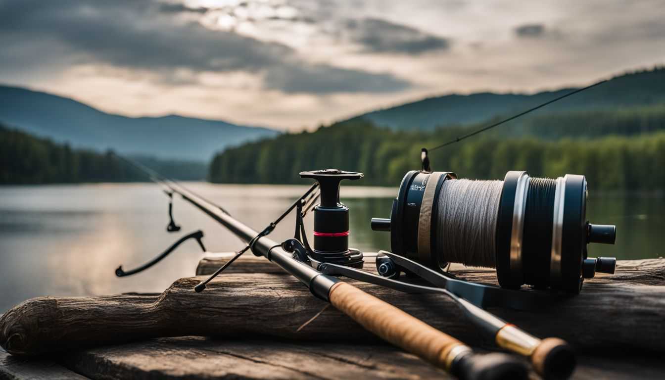 A fishing rod surrounded by fishing gear with a scenic lake backdrop.
