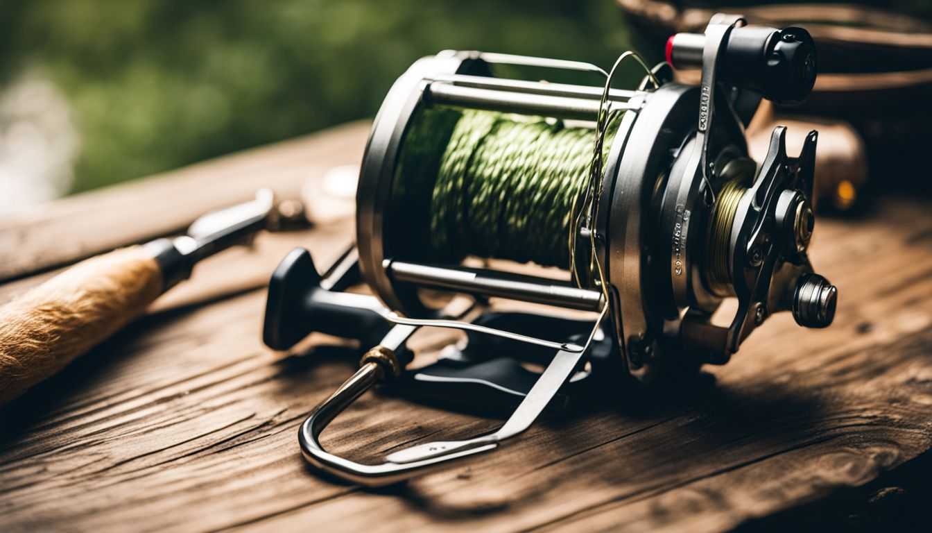A fishing reel with a lure on a rustic wooden table.
