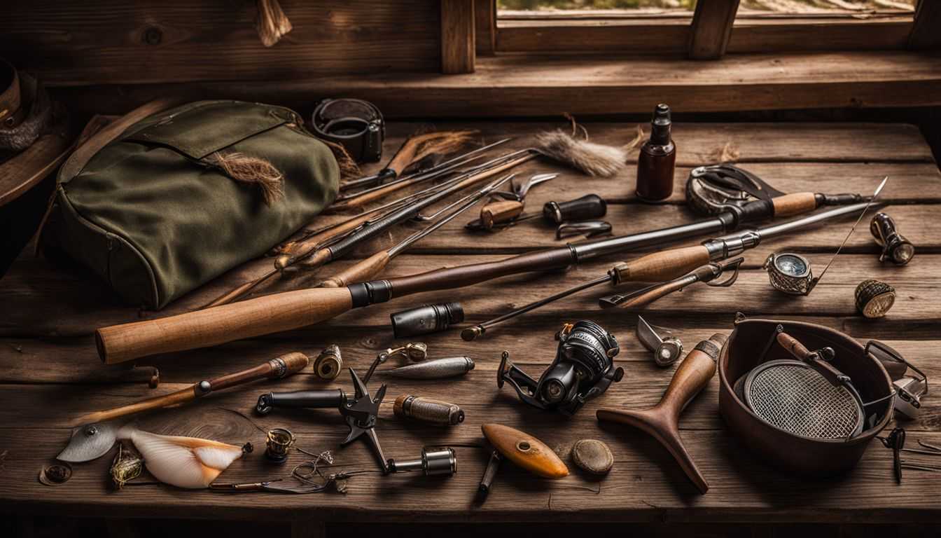 A collection of fishing tools displayed on a wooden table in a rustic cabin setting.