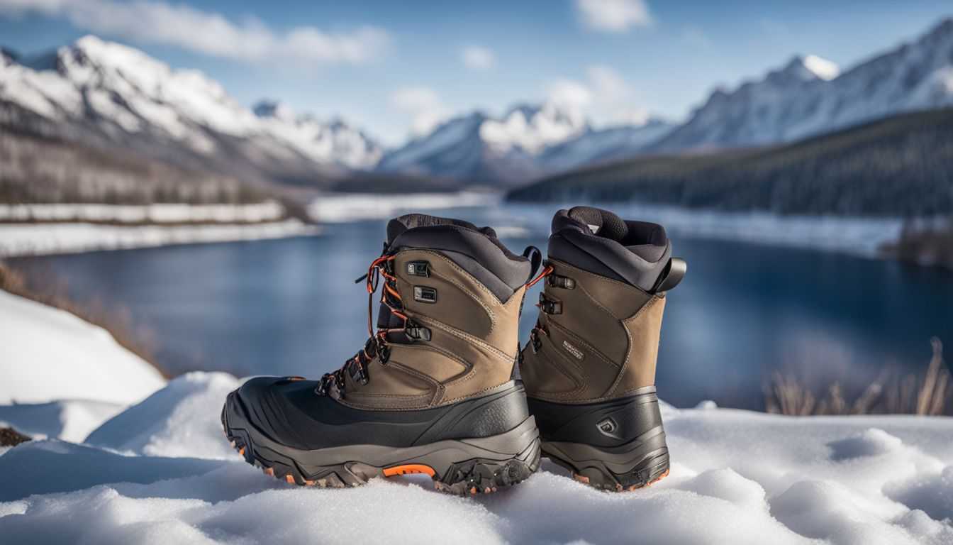 A photo of Korkers POLAR VORTEX 1200 ice fishing boots with snowy mountains.