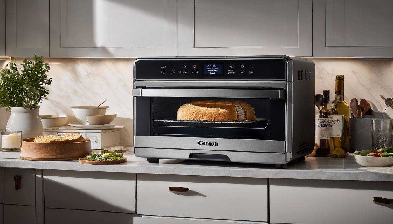 An under cabinet toaster oven with sleek design and cooking options.