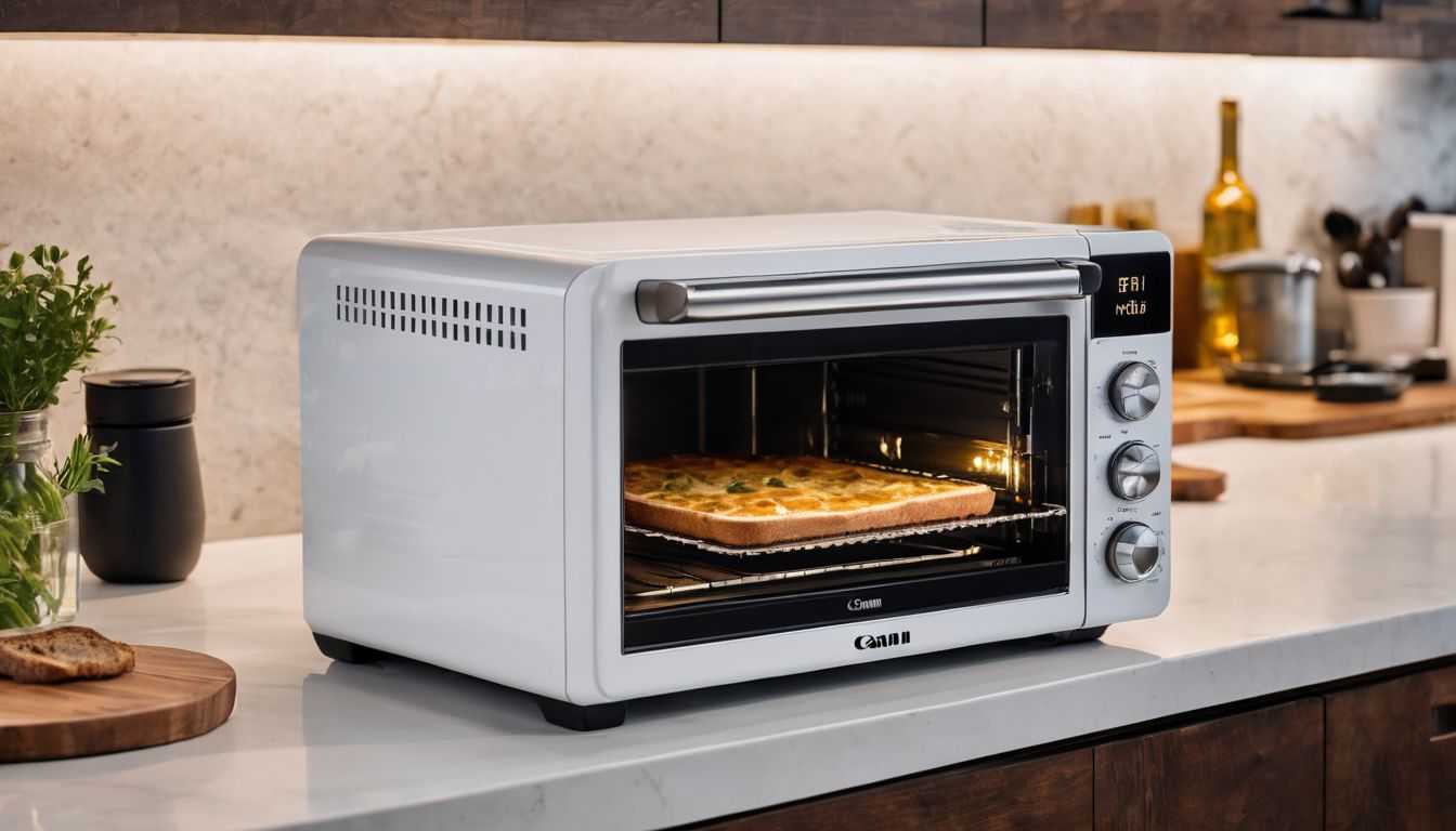 A white toaster oven on a modern kitchen countertop.