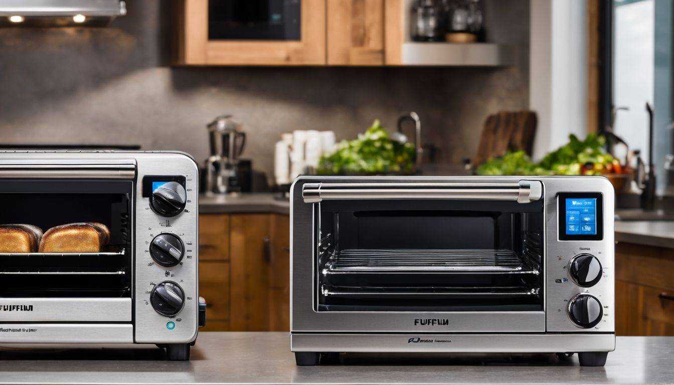 A lineup of commercial toaster ovens on a sleek countertop.