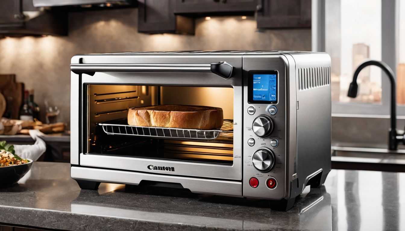 A modern toaster oven in a stylish kitchen surrounded by cityscape photography.