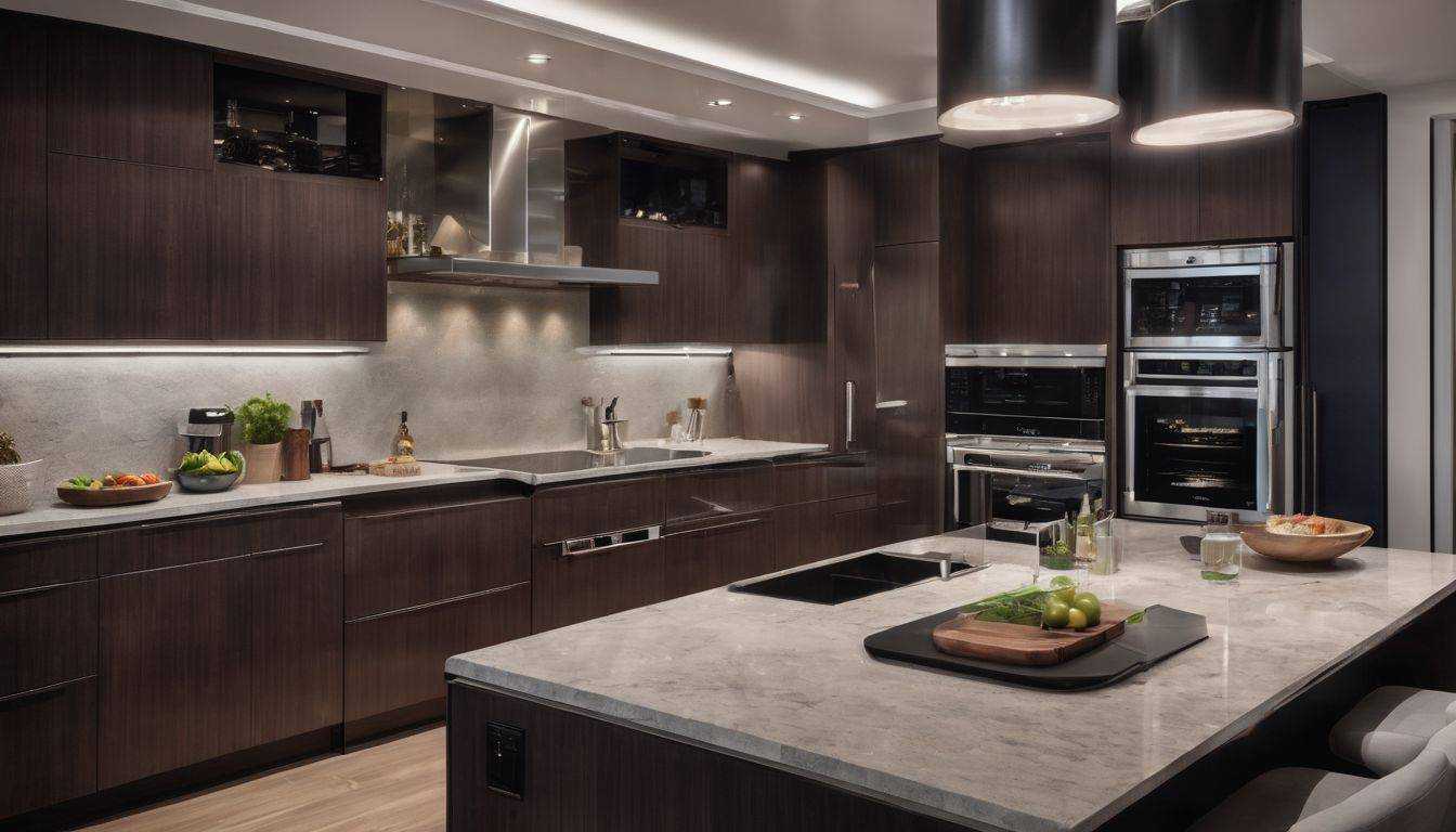 A modern kitchen with high-tech microwave ovens and bustling atmosphere.
