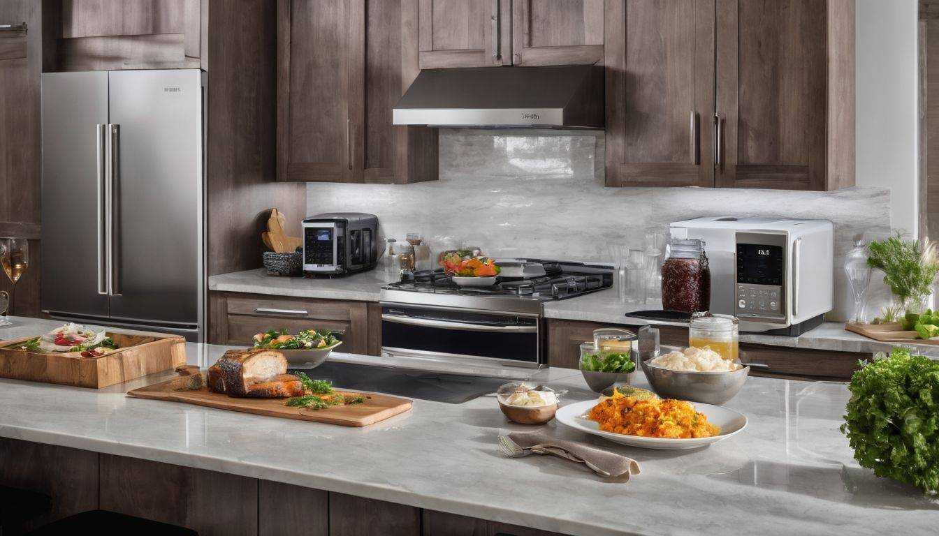 A modern kitchen countertop with a convection microwave and cooked meals.