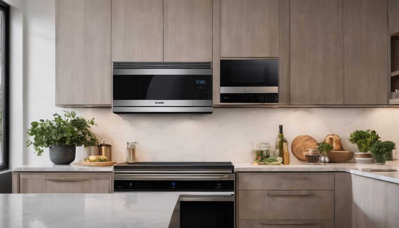 A modern kitchen with a sleek microwave and elegant decor.
