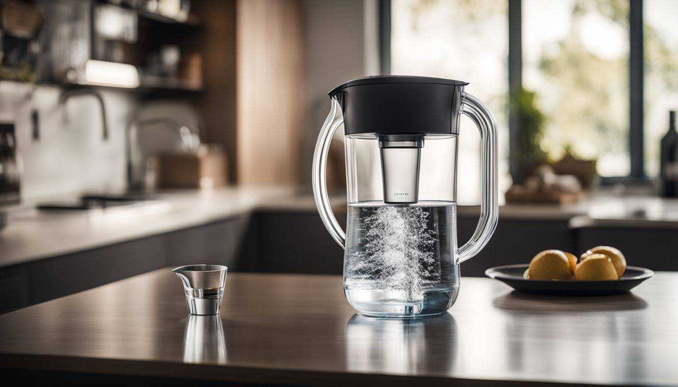 A glass of filtered water with Larq Pitcher PureVis in the background.