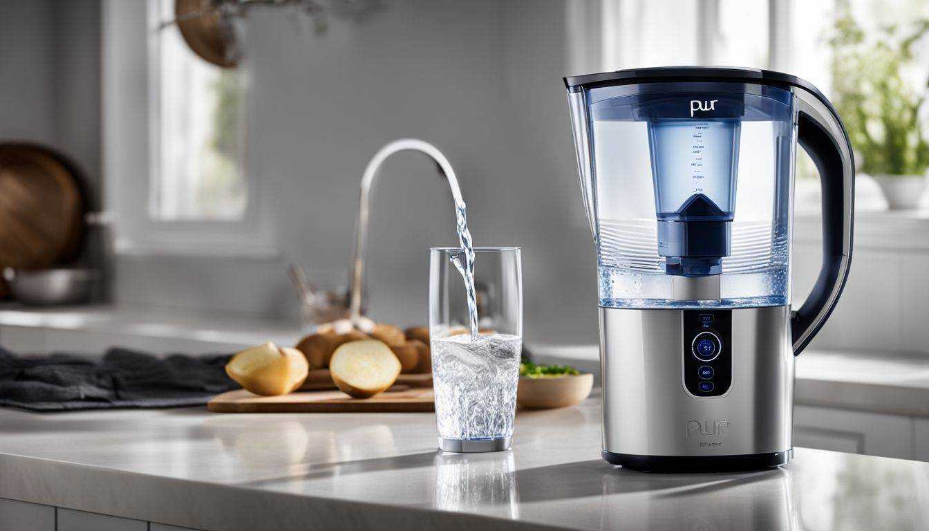 Photo of PUR Classic Water Filter Pitcher on countertop pouring filtered water.