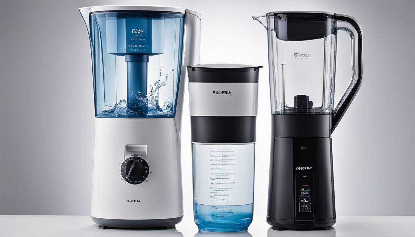 A modern water filter pitcher with various filter types displayed.