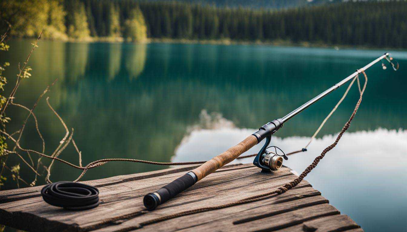Fishing rod with various fishing knots in scenic lake backdrop.