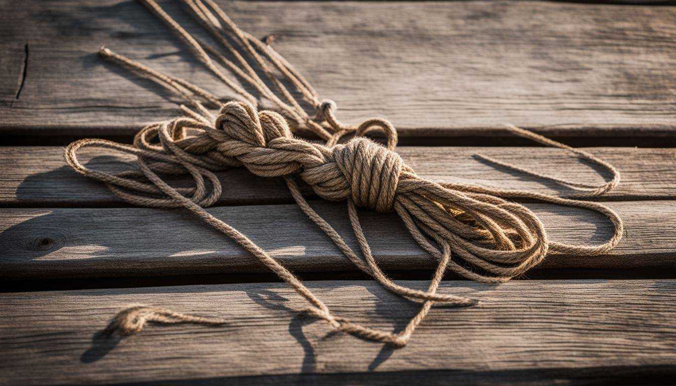 Close-up of fishing knots being tied on wooden dock without humans.