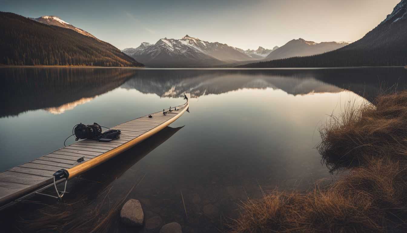 Telescopic fishing rod by a lake with mountains in the background.