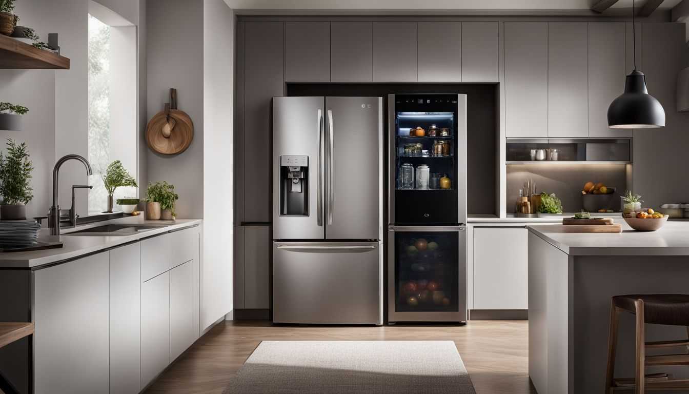 A modern kitchen showcasing a sleek LG refrigerator and stylish decor.