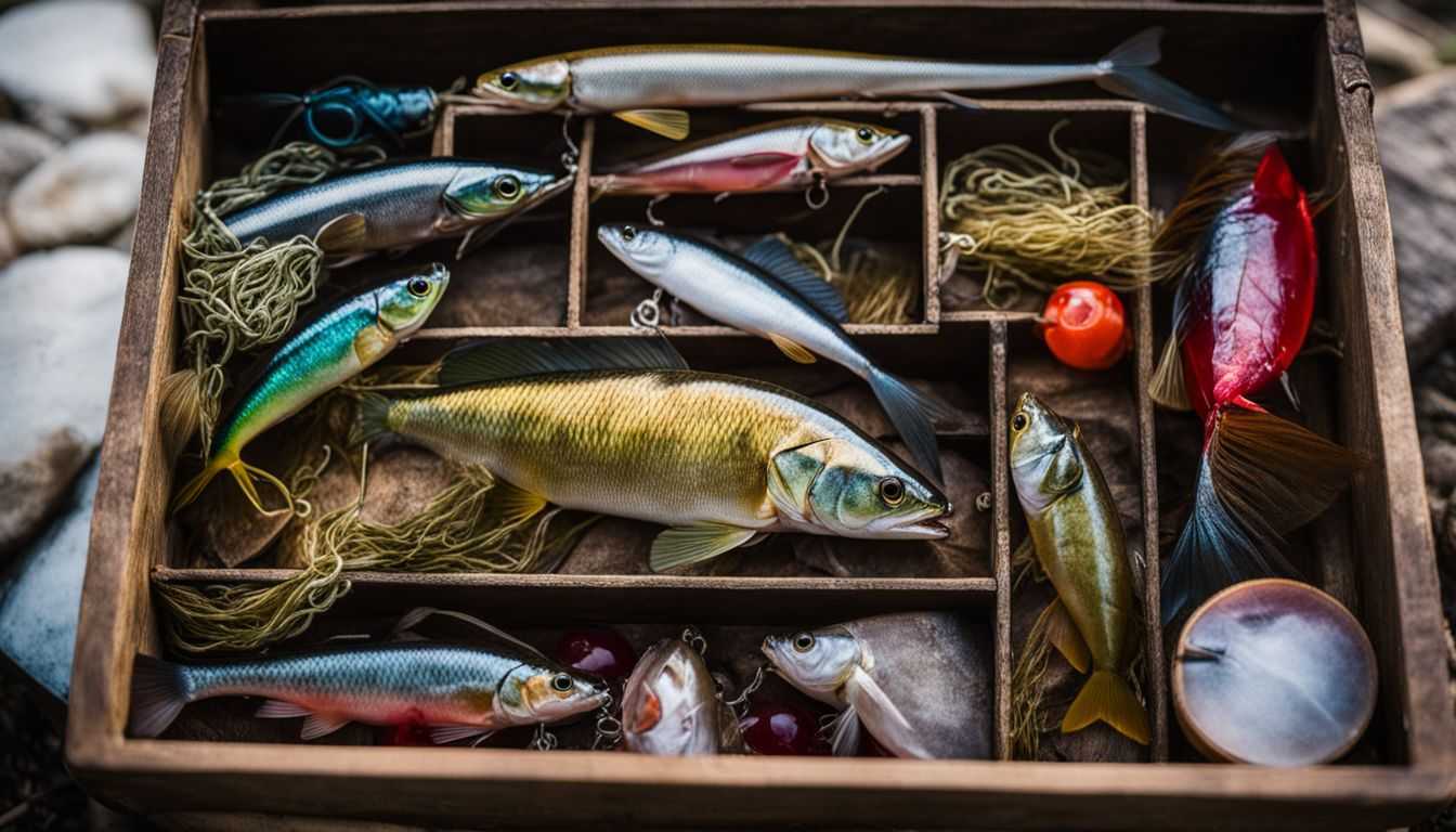 A vibrant assortment of freshwater bait in a rustic tackle box.