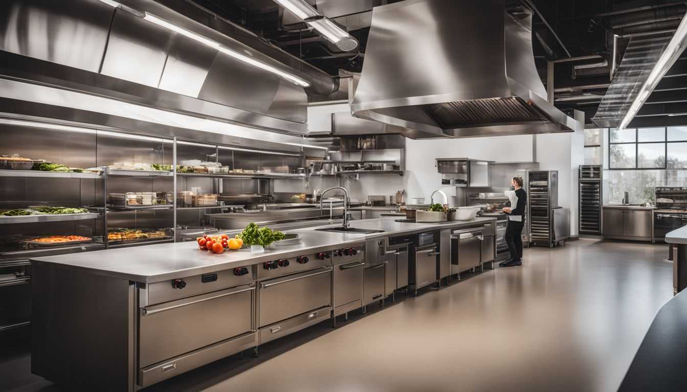 A modern commercial kitchen with a well-stocked refrigerator and ingredients.