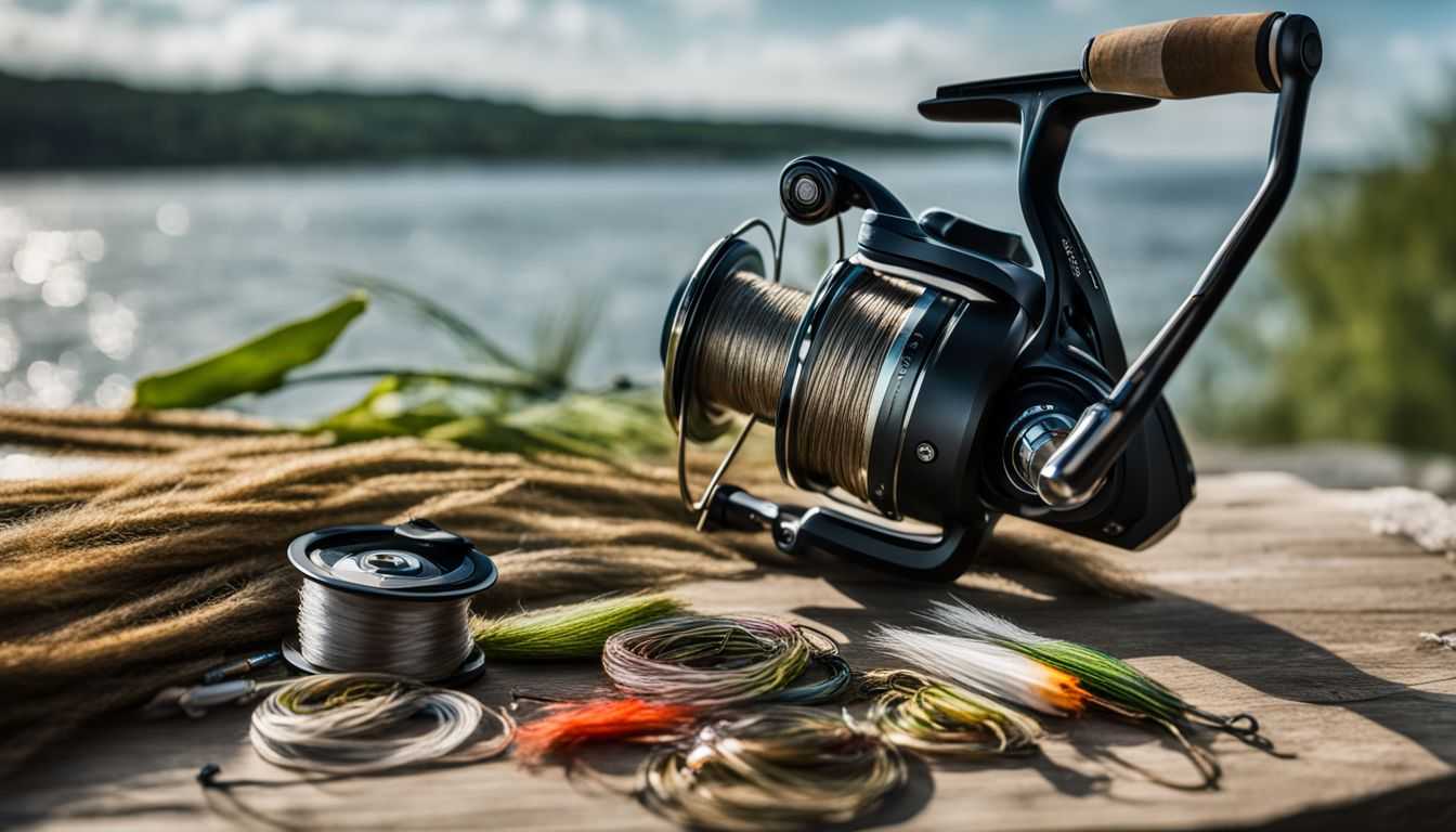 A close-up photo of fishing equipment and nature photography elements.