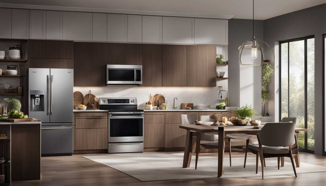 A photo of a modern kitchen showcasing a spacious Samsung refrigerator.