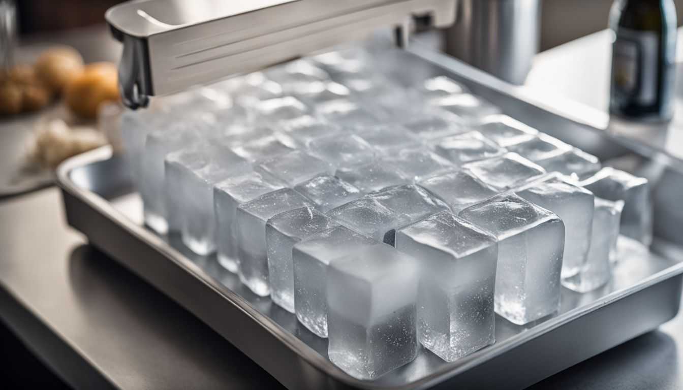 Close-up of an Igloo Ice Maker producing clear, cylindrical ice cubes.