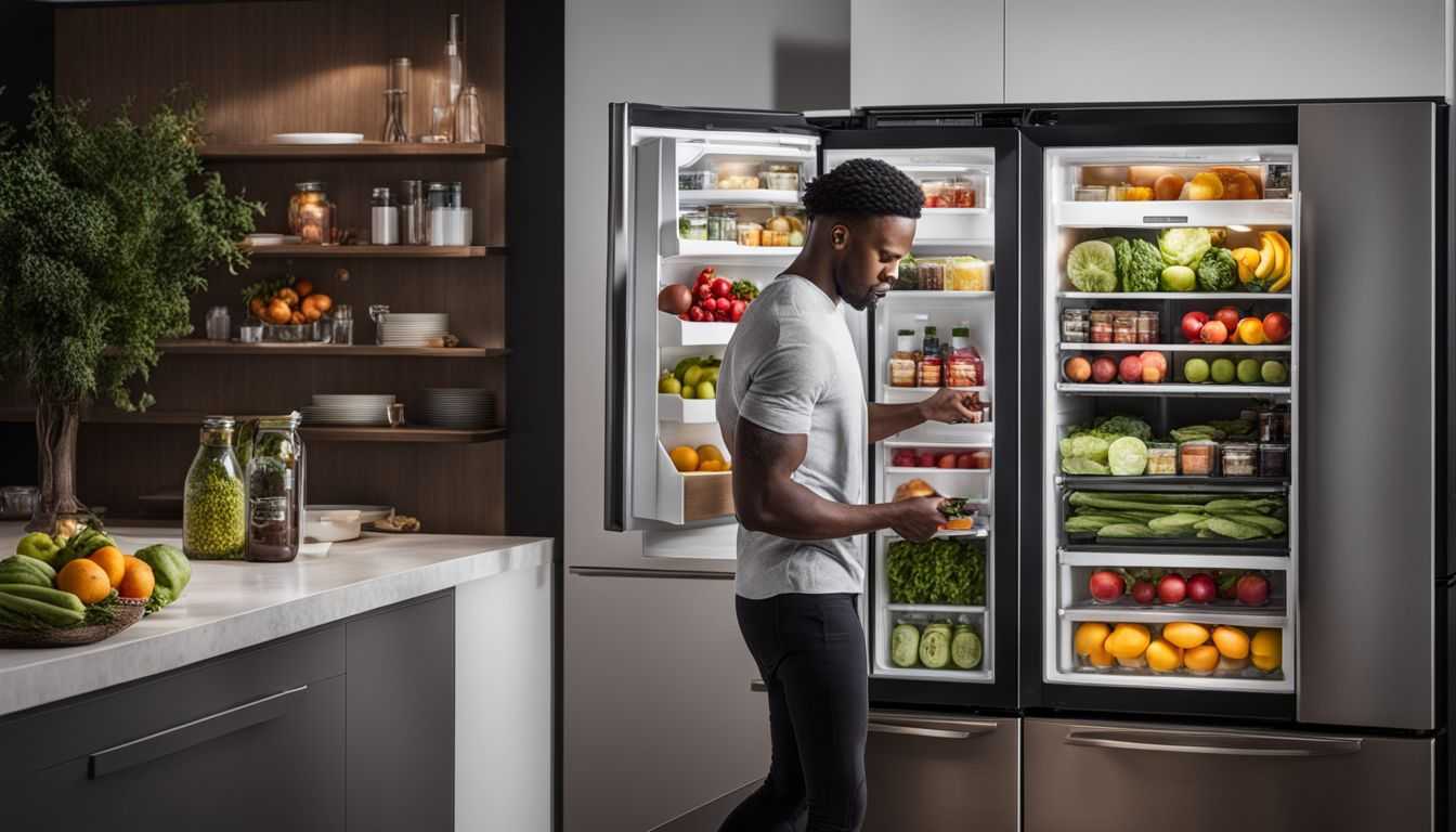 A modern refrigerator filled with fresh fruits and vegetables.