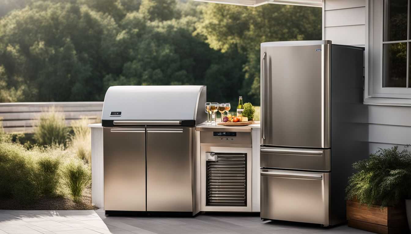 An outdoor fridge with a stainless steel exterior on a beautiful patio.