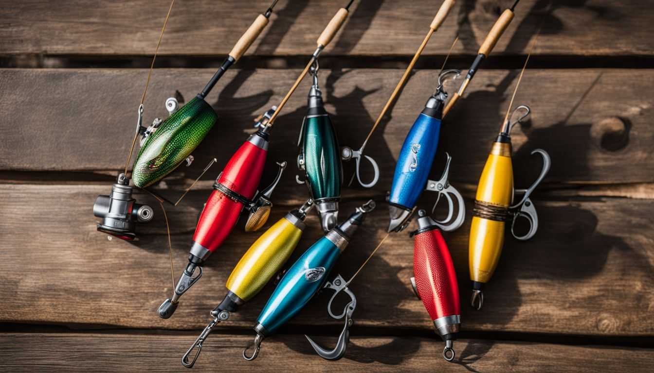 Colorful fishing poppers and equipment arranged on a rustic table.
