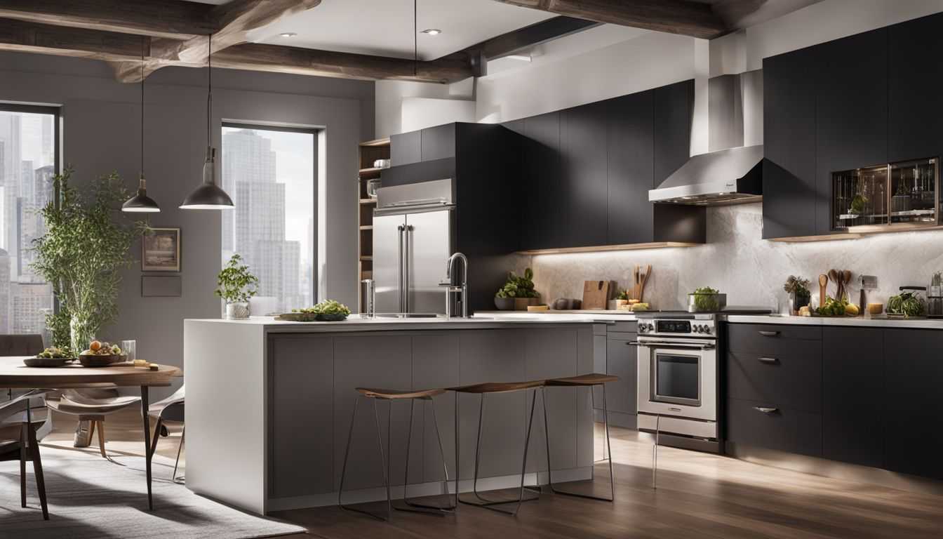 A modern kitchen with a GE refrigerator as the focal point.