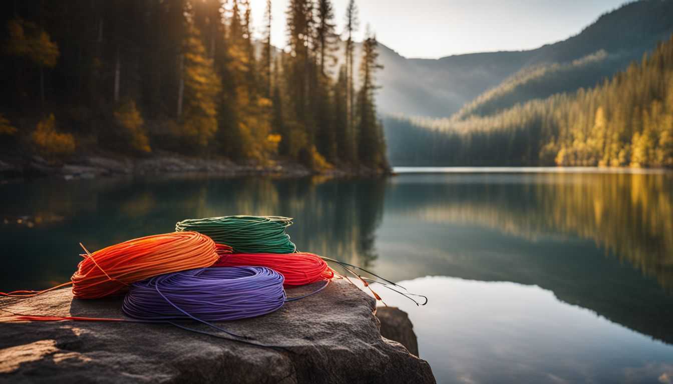 A vibrant photo of neatly arranged fishing lines against a serene lake.