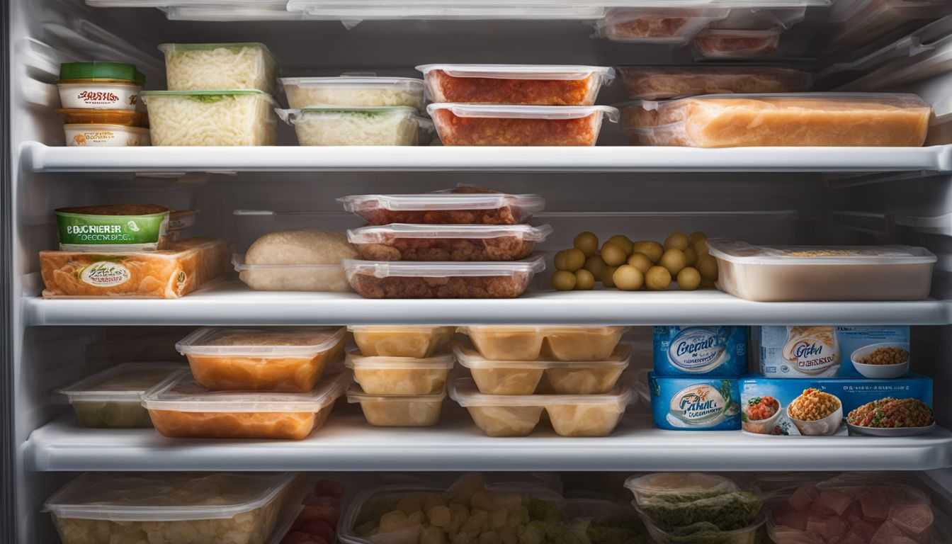 A freezer full of organized, diverse and detailed frozen food items.