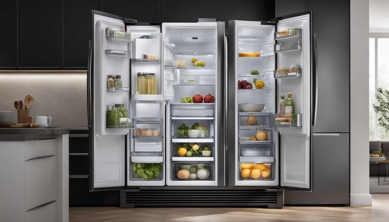 A modern side-by-side refrigerator showcasing its sleek design and advanced features.