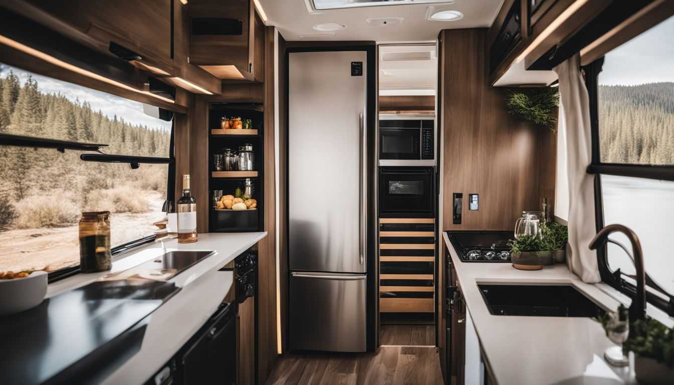 A modern RV refrigerator surrounded by a beautiful outdoor camping environment.