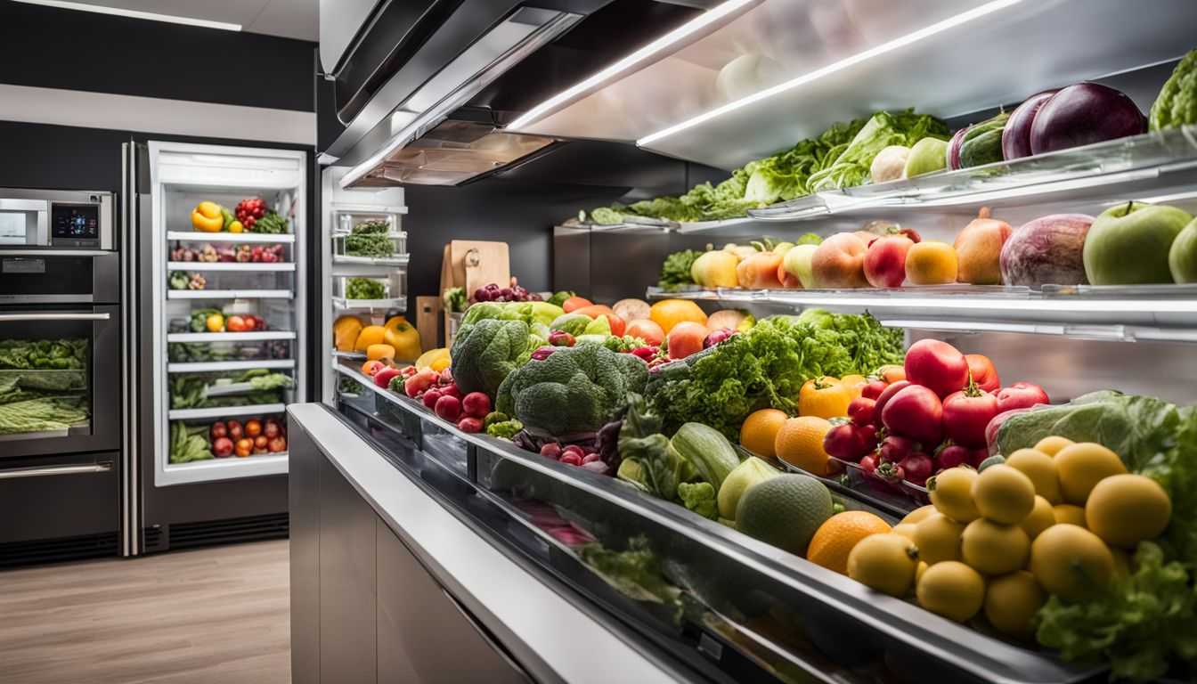 A vibrant display of fresh fruits and vegetables in a modern refrigerator.