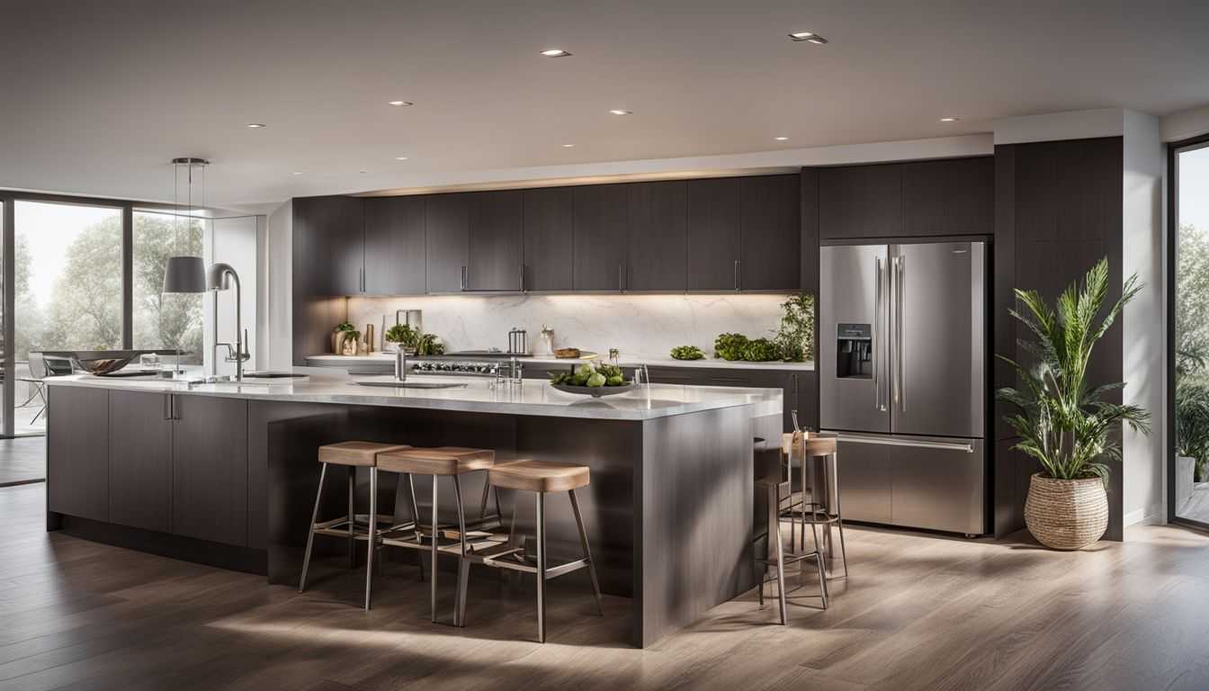 A modern kitchen with a stylish refrigerator and sleek design.