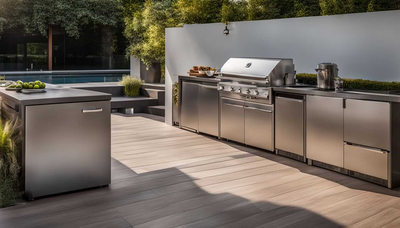A modern outdoor kitchen with top outdoor fridges showcased prominently.