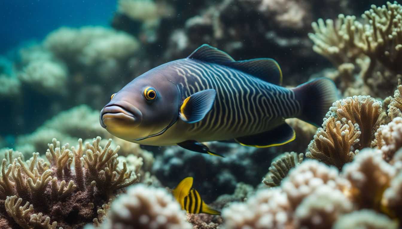 A clown knife fish gracefully glides through vibrant coral reefs.