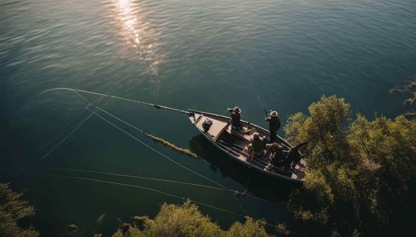 An overhead shot of a fishing line being tied to a hook at a serene lake.