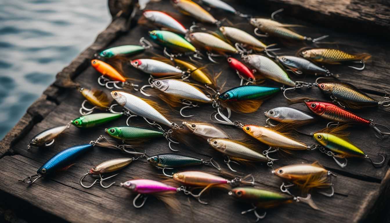 A vibrant collection of fishing lures displayed against a serene lake.