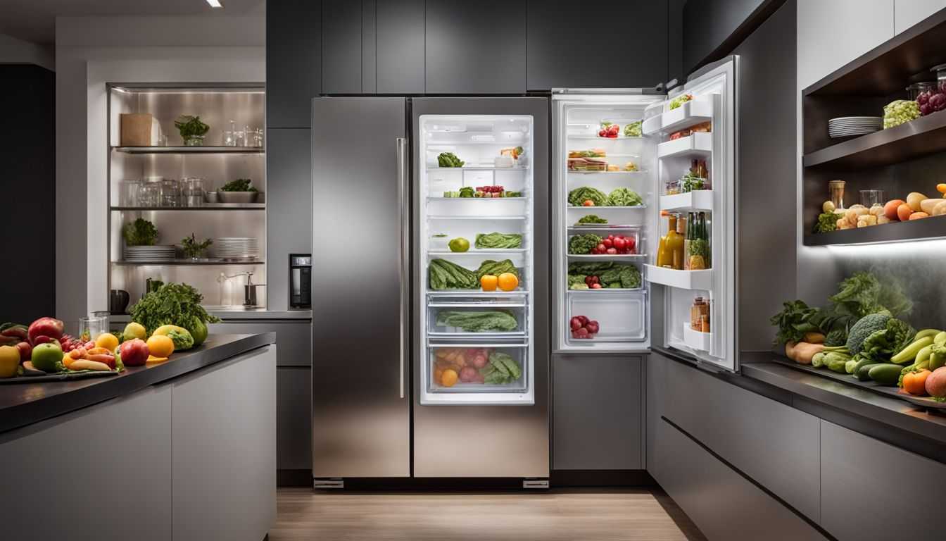 A modern refrigerator filled with colorful fruits and vegetables.