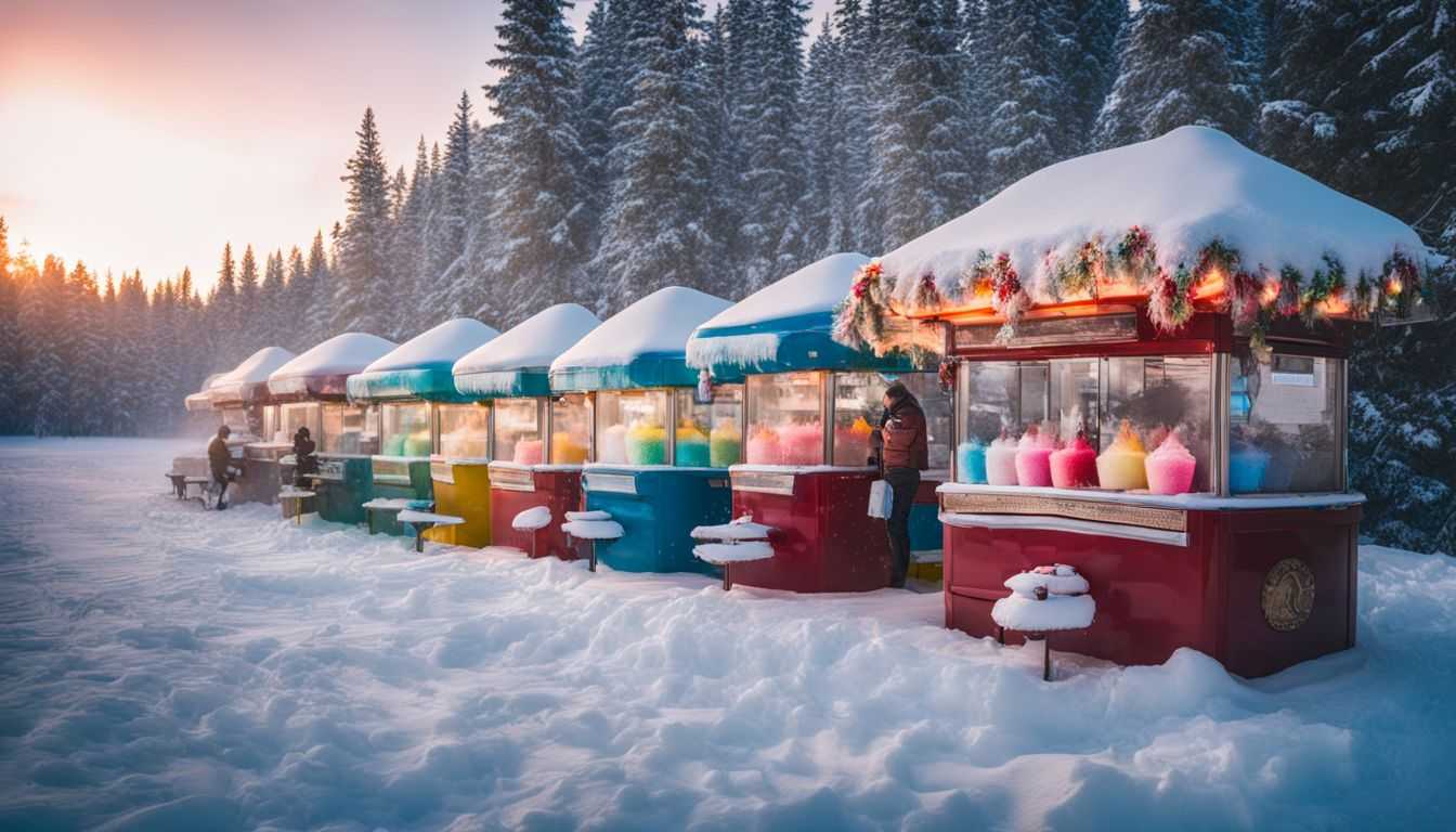 A winter scene featuring a colorful array of snow cone machines.