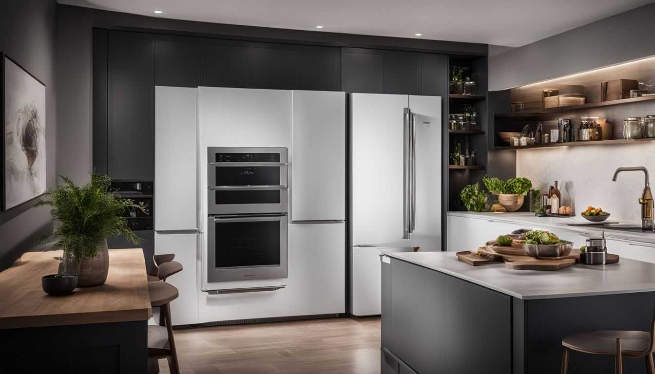 A sleek top-freezer refrigerator in a stylish kitchen, without humans.